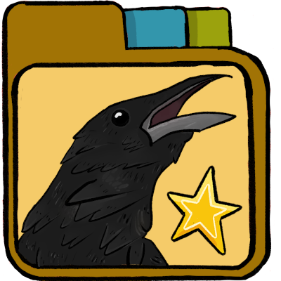 a yellow file folder with a black cawing crow and a star inside.